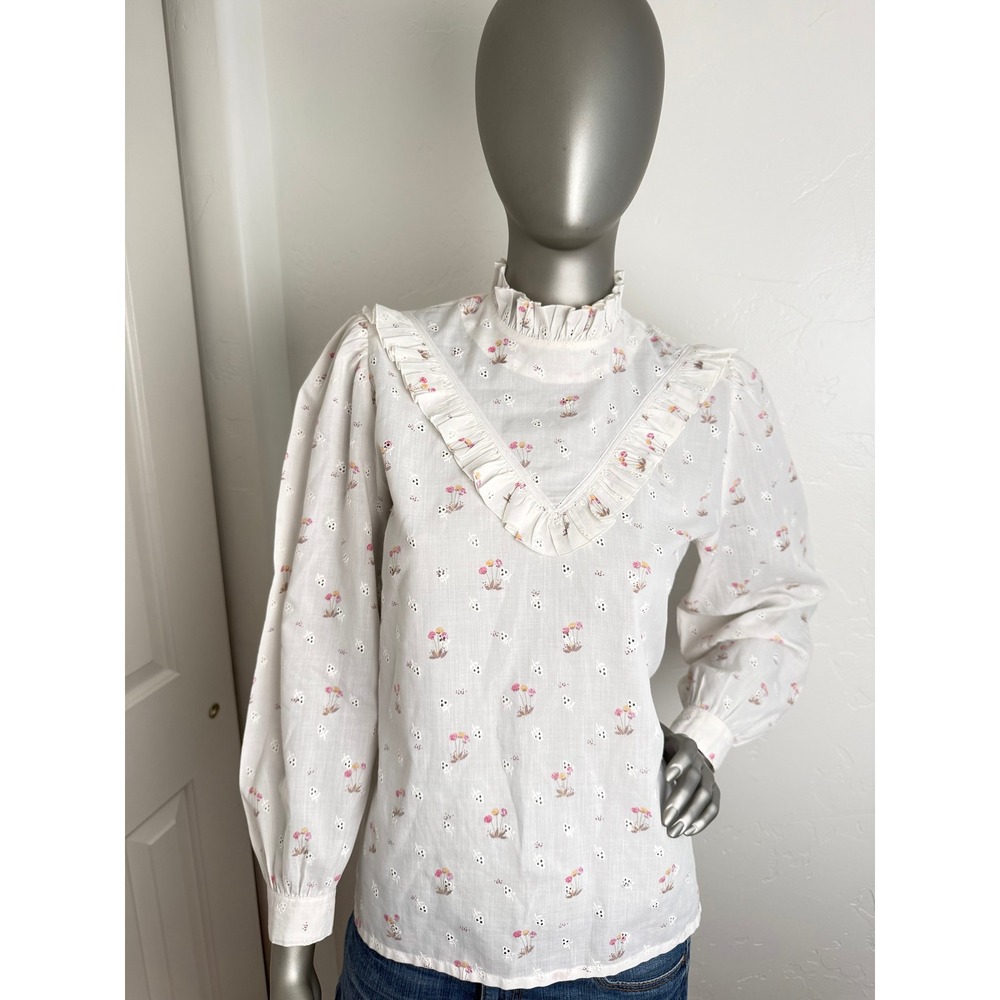 Vintage 70s Handmade Cottagecore Blouse - Ruffle Mock Neck Floral Single Stitch